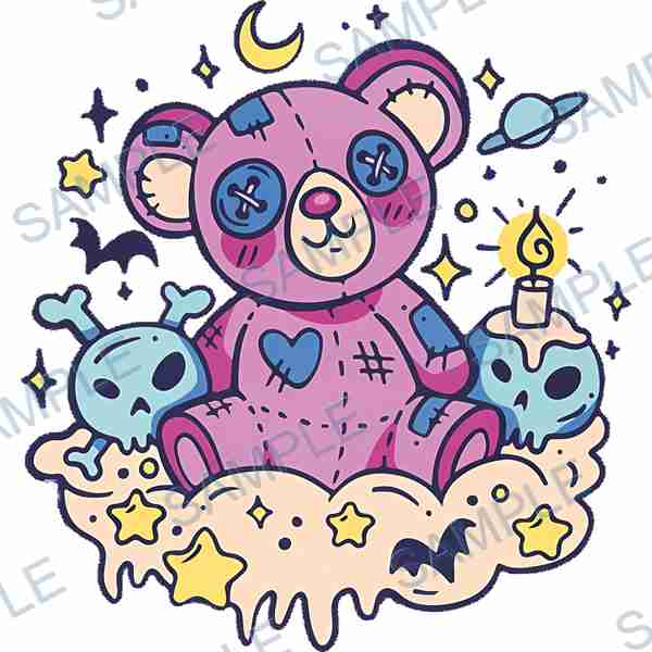 teddy bear, skull, bones, candle, moon B-128