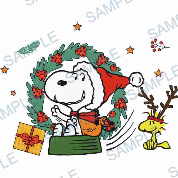 snoopy, woodstock, peanuts, christmas wreath, santa hat DTF design D-5798