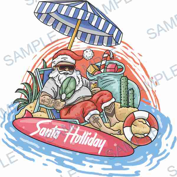 santa claus, surfboard, beach umbrella, gift bag, cactus DTF design D-6172