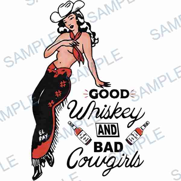cowgirl, whiskey bottle, hat, bandana, text DTF design D-7834