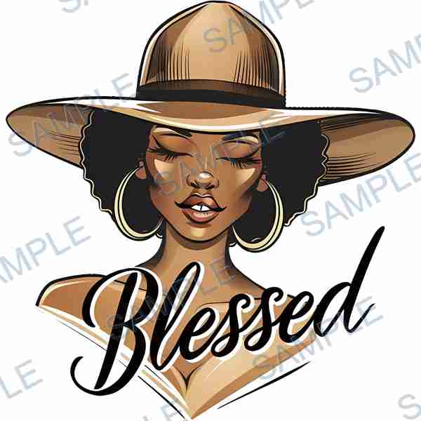 woman, hat, hoop earrings, text, blessed DTF design D-7961