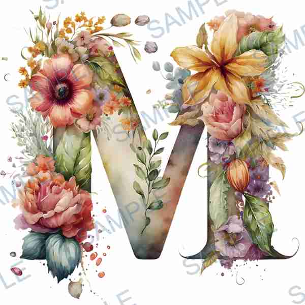 Floral letter M DTF catalogue design D-8083, shown on white with its SAMPLE watermark