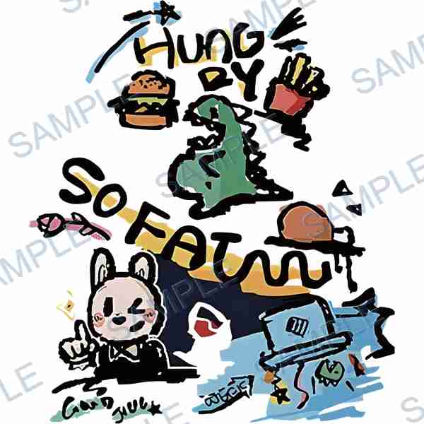 burger, french fries, dinosaur, bunny, hat DTF design D-8087