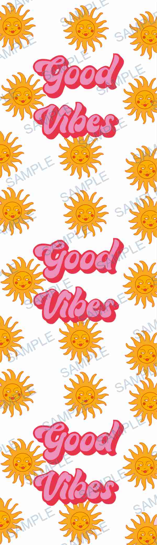P-329 pen wrap catalogue artwork with pink Good Vibes lettering, yellow sun motifs and SAMPLE watermarks