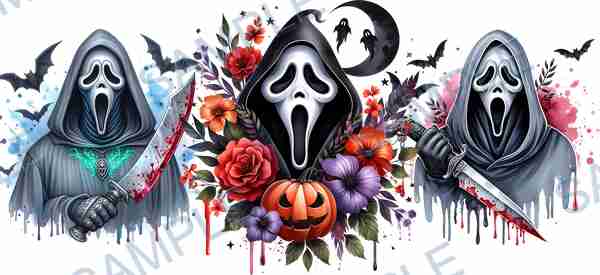 ghostface, knife, pumpkin, bat, flower Cup Wrap design T-12331