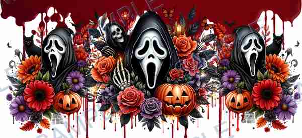 ghostface, pumpkin, skull, skeleton hand, black cat Cup Wrap design T-12335