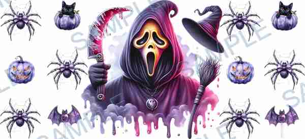 ghostface, spider, pumpkin, witch hat, broom Cup Wrap design T-12346