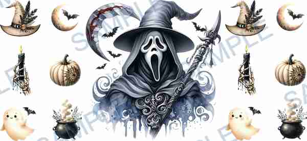 ghost face, witch hat, moon, bat, scythe Cup Wrap design T-12347