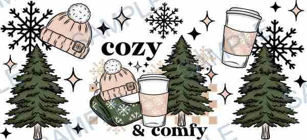 beanie, coffee cup, christmas tree, snowflake, cozy & comfy Cup Wrap design T-12610