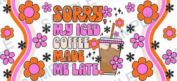 Retro iced-coffee cup wrap artwork with flowers, lettering and waves, catalogue design T-12623